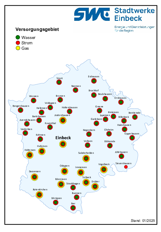 Karte Netzgebiet Strom, Gas, Wasser der Stadtwerke Einbeck